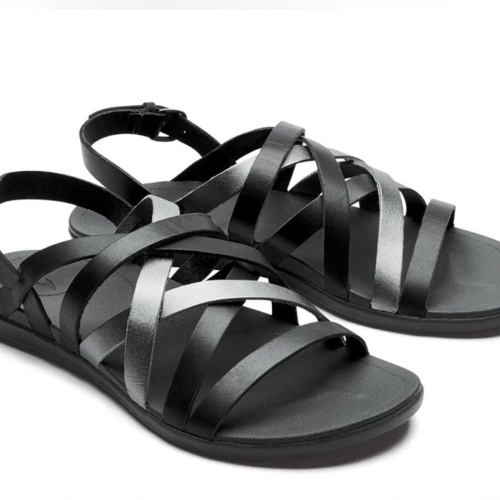 Olukai Awe Awe Black And Silver Strappy Sandals